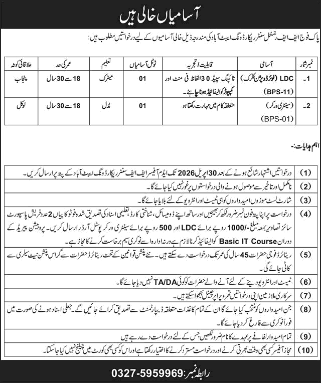 FF Regimental Center Record Wing Abbottabad Jobs April–May 2026