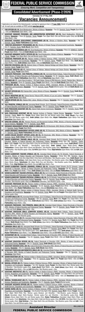FPSC Jobs 2026 – Consolidated Advertisement No 2-2026