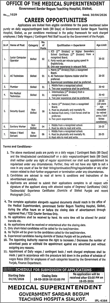Government Sardar Begum Teaching Hospital Sialkot Jobs May 2026