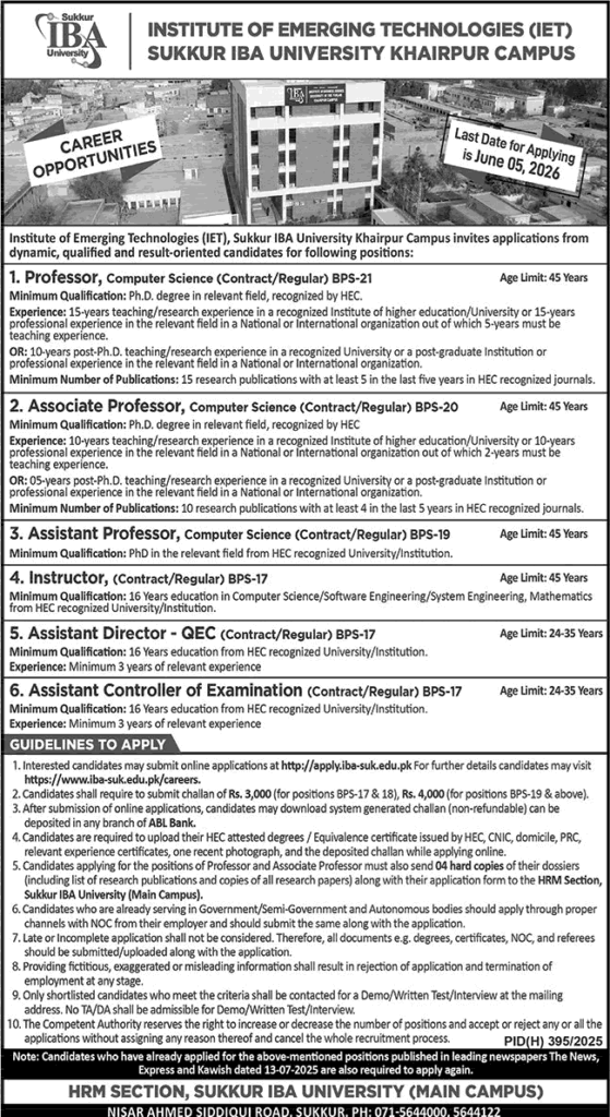 IBA Institute of Emerging Technologies Khairpur Jobs May 2026 – Teaching Faculty & More