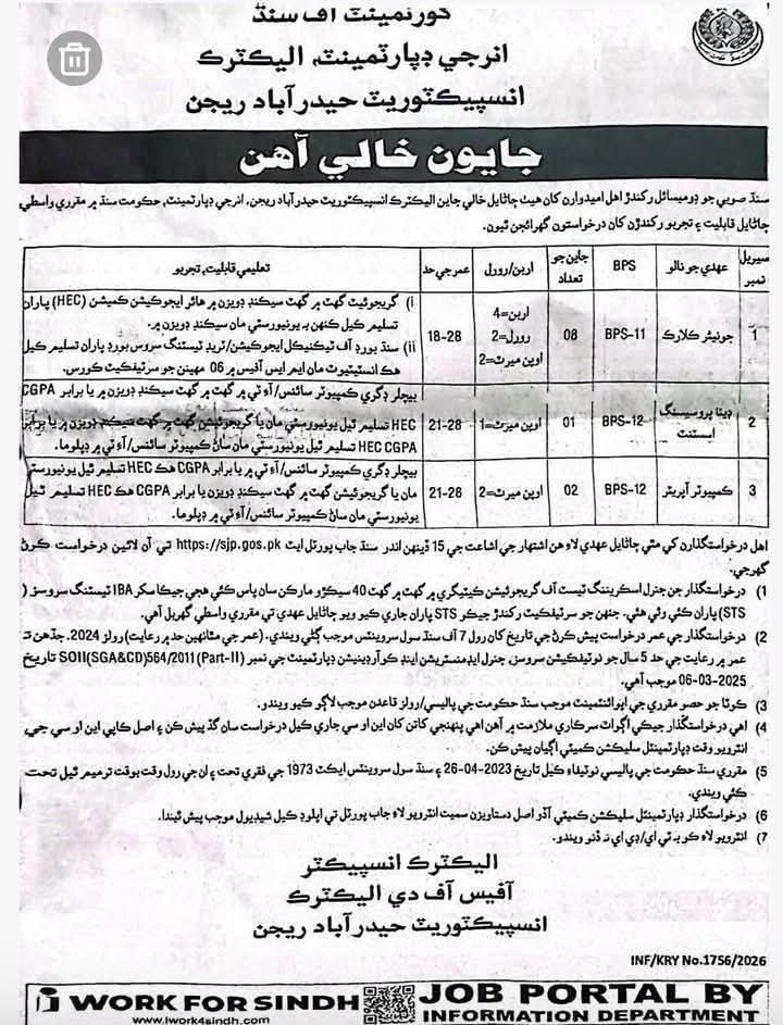 Sindh Electrical Department Jobs 2026 – Hyderabad Region