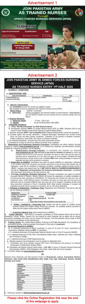 Join Pakistan Army as Nurse in AFNS April–May 2026