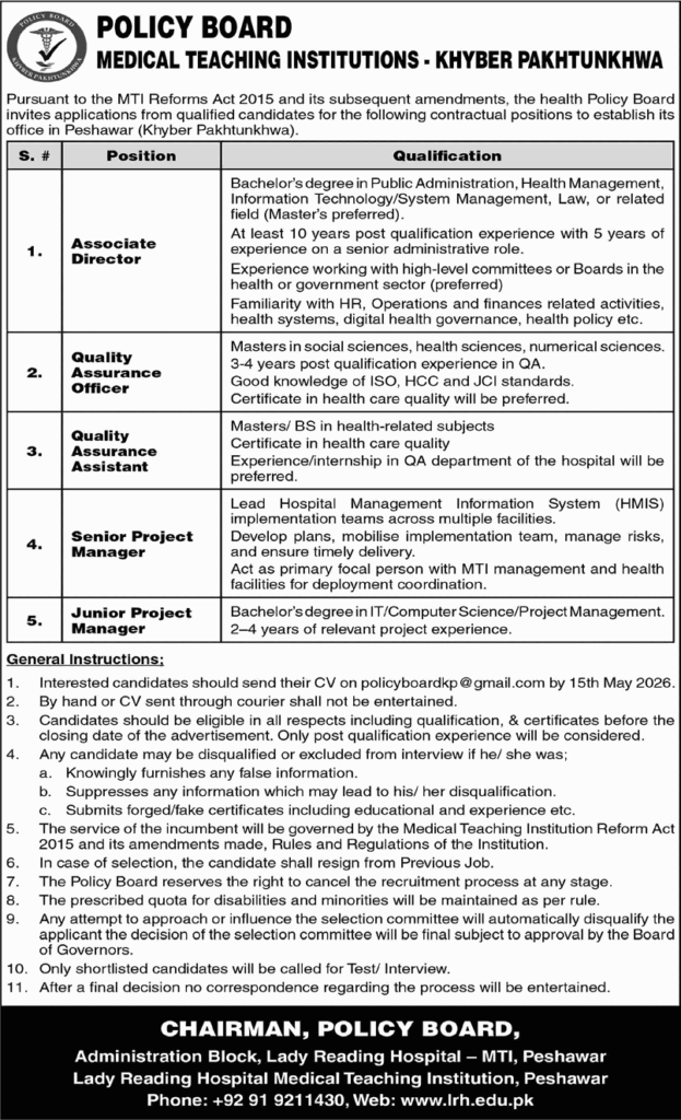 KPK Policy Board Jobs May 2026 – Quality Assurance Officer & More