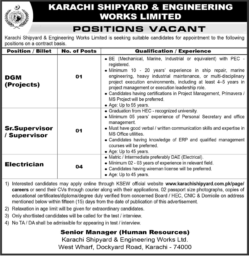 Karachi Shipyard & Engineering Works KSEW Jobs 2026 for Electricians, Supervisors & Engineers