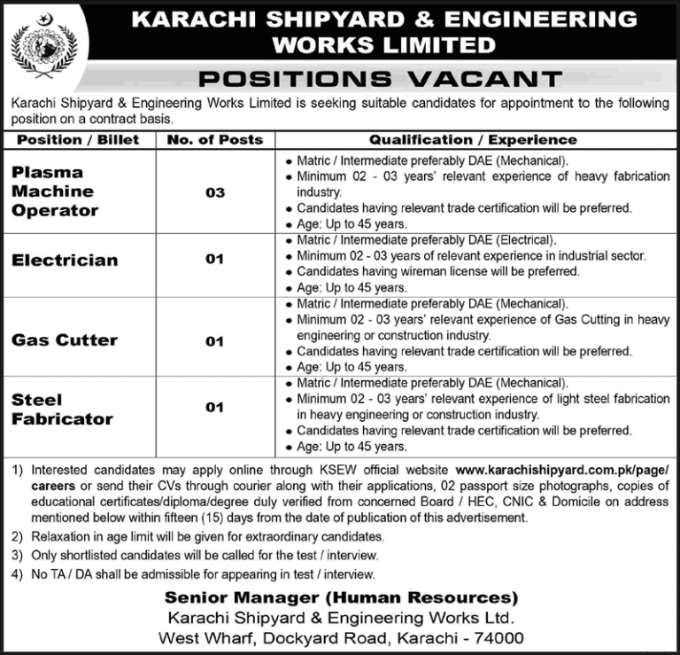 Karachi Shipyard & Engineering Works Limited Jobs 2026 in Karachi