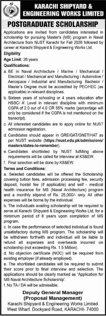 Karachi Shipyard & Engineering Works Postgraduate Scholarships April–May 2026