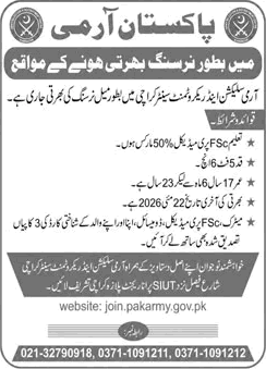 Male Nurse Jobs in Army Selection and Recruitment Center Karachi May 2026