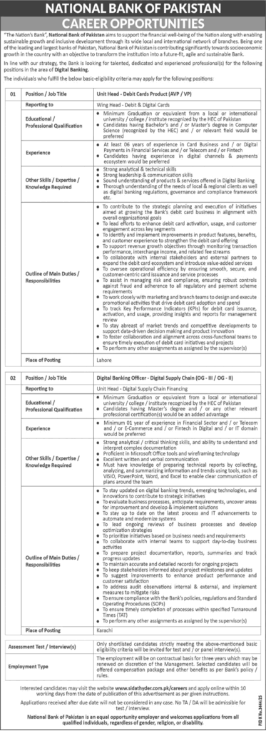 National Bank of Pakistan Jobs May 2026 – Digital Banking Officer & Unit Head