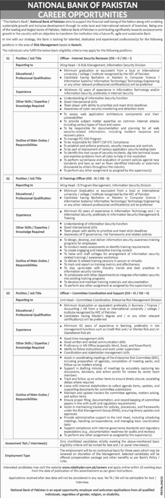 National Bank of Pakistan Jobs May 2026 – IS & Trainings Officer Opportunities