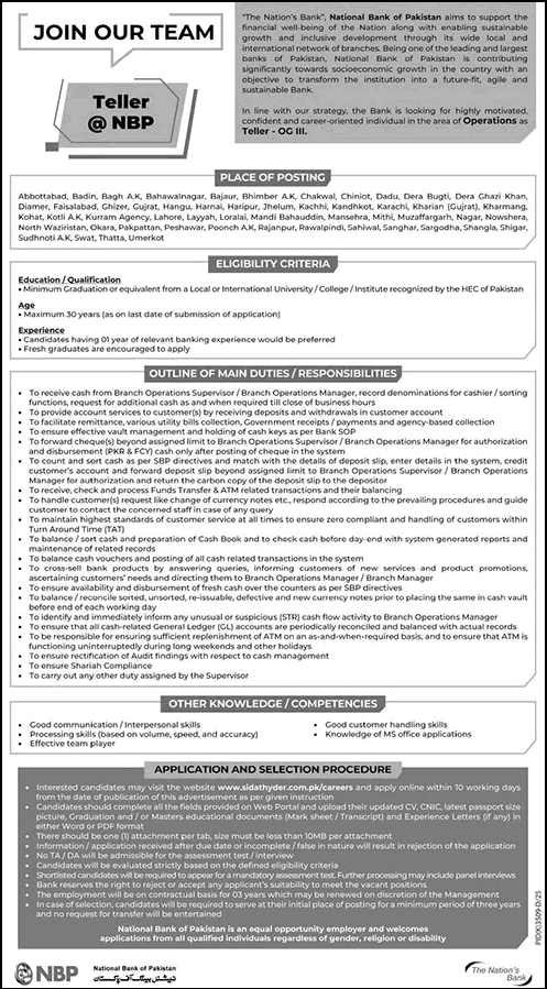 National Bank of Pakistan Jobs May 2026 – Teller & Cash Officer Opportunities