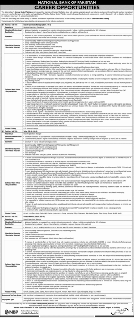 National Bank of Pakistan Jobs May 2026 – Tellers, General Banking Officers & Others