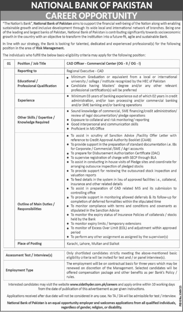 National Bank of Pakistan (NBP) CAD Officer Jobs April–May 2026