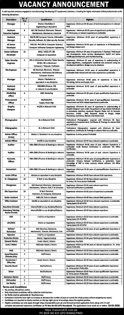 PO Box 635 GPO Rawalpindi Jobs May 2026 – Software & Site Engineers