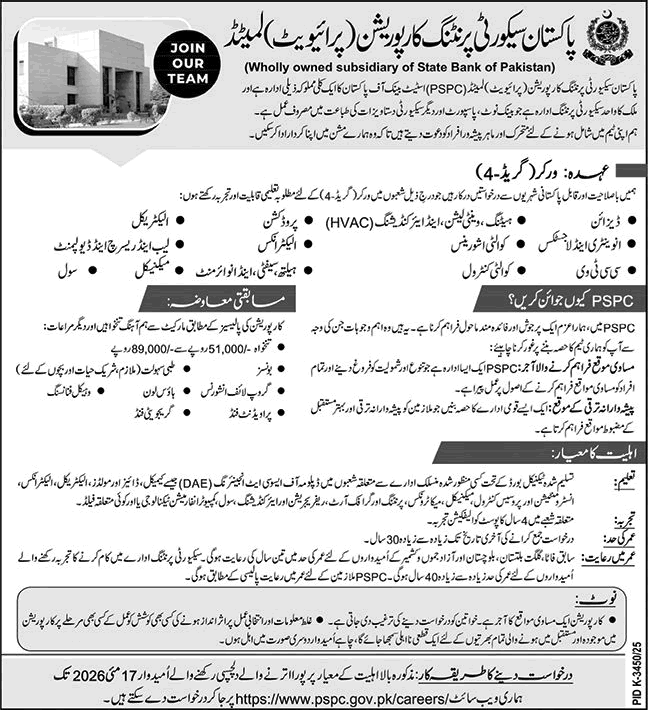 Pakistan Security Printing Corporation (PSPC) Worker Jobs May 2026
