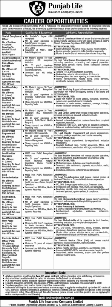Punjab Life Insurance Company Jobs 2026 for Medical Officers & Management Staff
