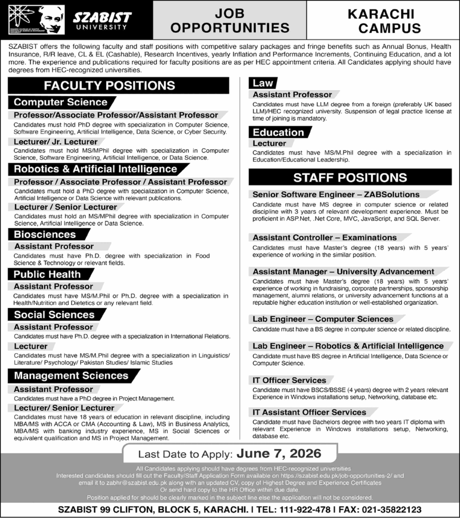 SZABIST University Karachi Jobs 2026 for Teaching Faculty & Administrative Staff