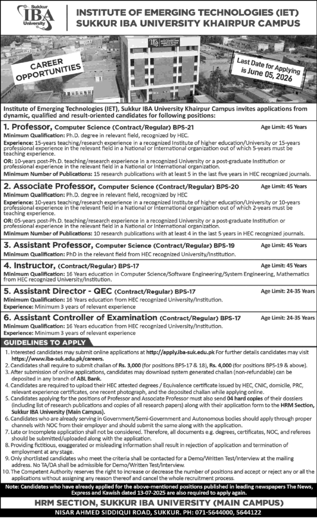 Sukkur IBA University Khairpur Campus Jobs May 2026 – Teaching Faculty & Staff