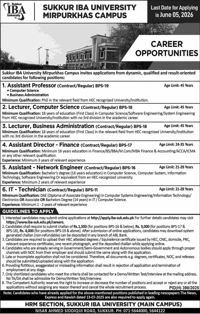 Sukkur IBA University Mirpurkhas Campus Jobs May 2026 – Teaching Faculty & Others