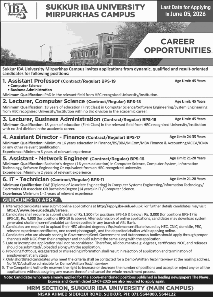 Sukkur IBA University Mirpurkhas Campus Jobs May 2026 – Teaching Faculty & Staff