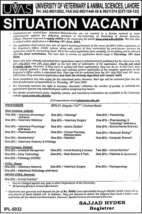 University of Veterinary & Animal Sciences UVAS Jobs 2026 for Teaching Faculty