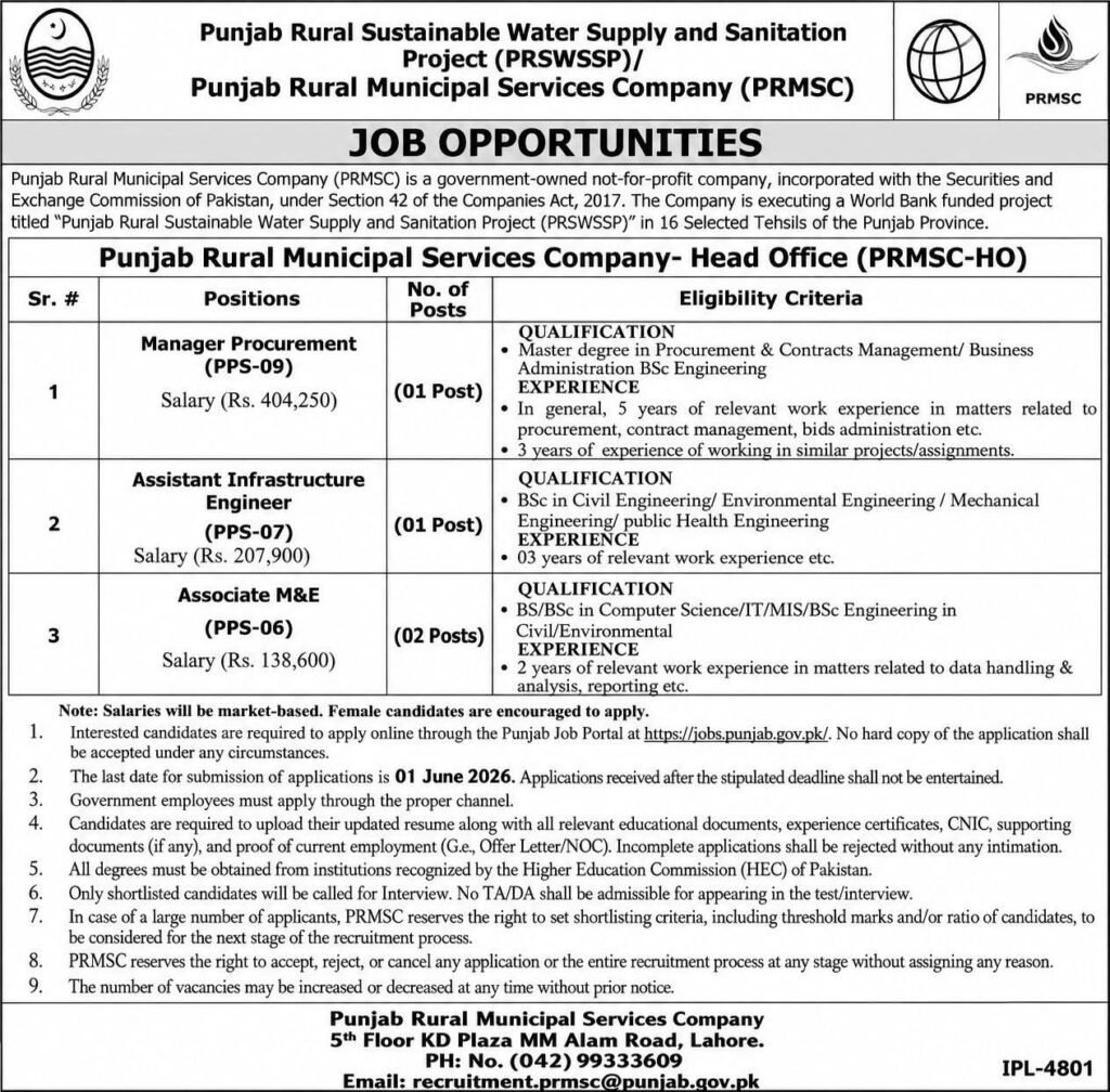 Career Opportunities at Punjab Rural Municipal Services Company (PRMSC)