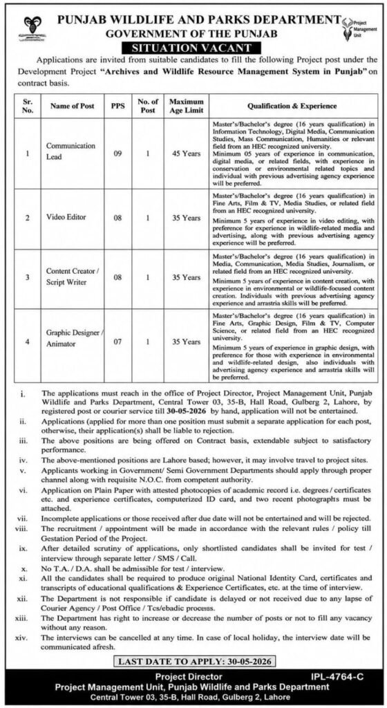Punjab Wildlife and Parks Department Jobs 2026 in Lahore