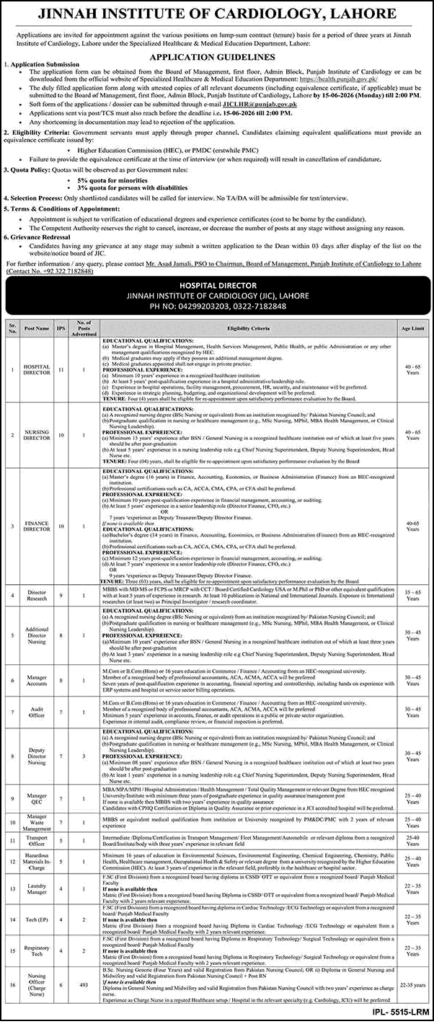 Jinnah Institute of Cardiology Lahore Jobs 2026 for Nursing Officers and Other Staff
