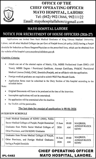 Mayo Hospital Lahore House Officer Jobs 2026 for Medical Graduates
