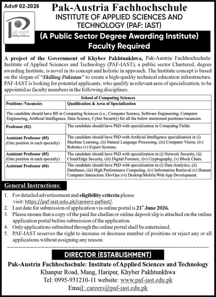 PAF-IAST Haripur Faculty Jobs 2026 – Professor & Assistant Professor Vacancies