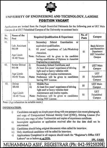 UET Lahore Jobs 2026 for Drivers, Lab Assistant and Non-Teaching Staff