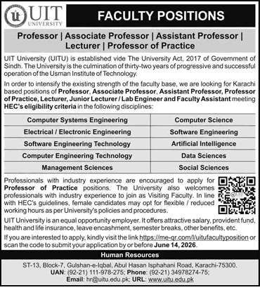 UIT University Karachi Teaching Faculty & Lab Engineer Jobs 2026 in Karachi