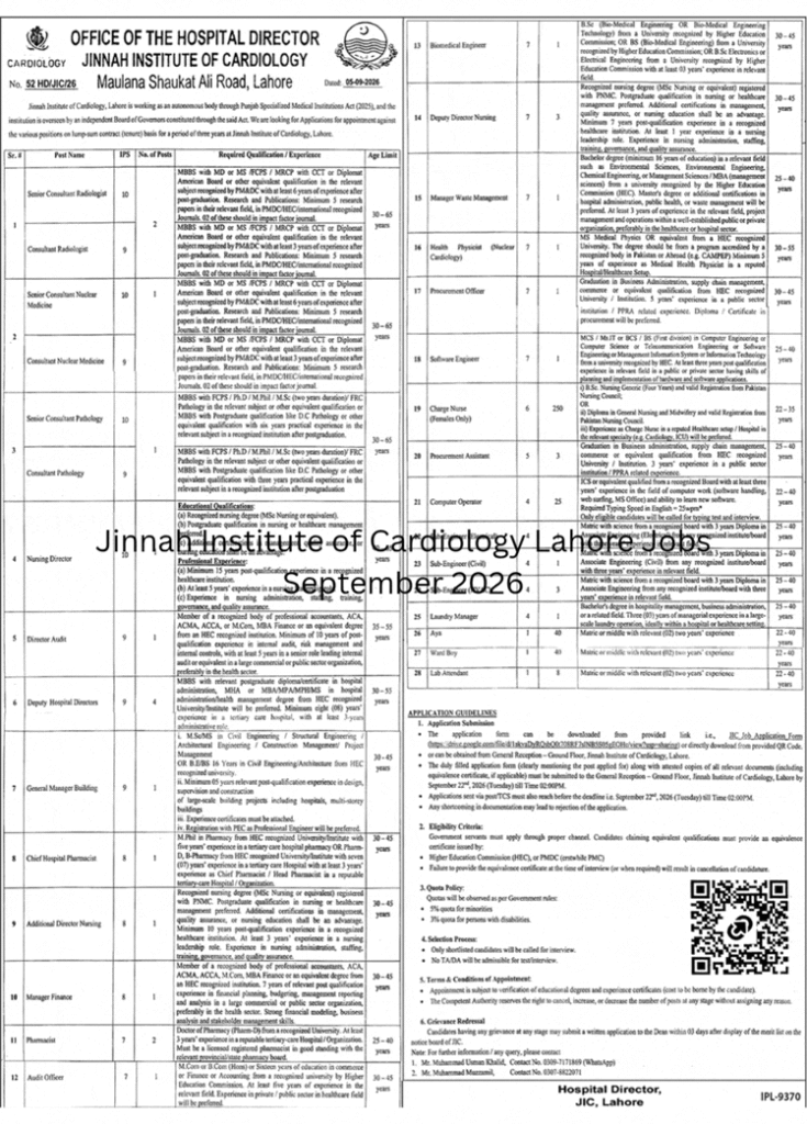 Jinnah Institute of Cardiology Lahore Jobs September 2026