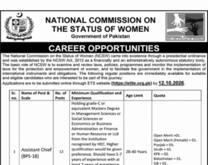 National Commission on the Status of Women Islamabad Jobs Advertisement September 2026