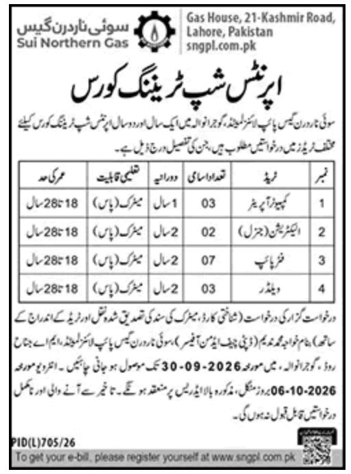 SNGPL Apprenticeships Jobs Jobs in Sui Northern Gas Pipelines Limited Job September 2026