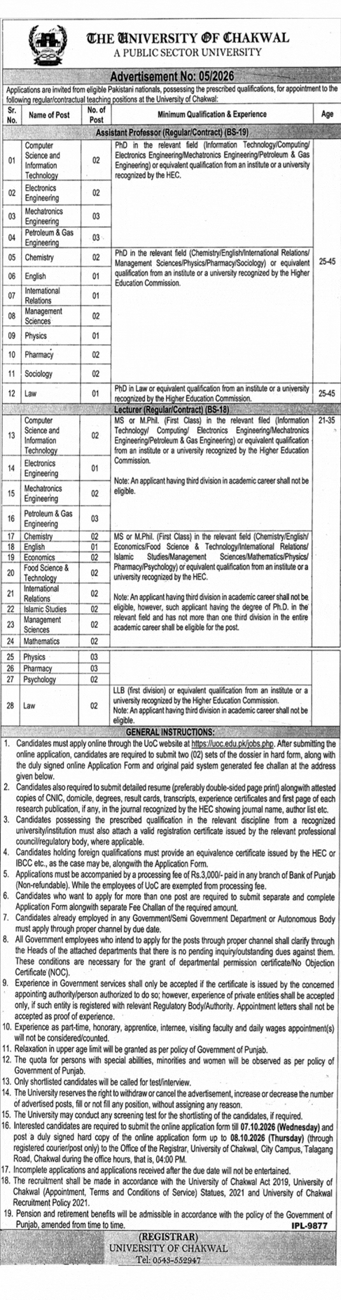 University of Chakwal Jobs Advertisement 2026 September 