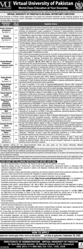 Virtual University of Pakistan Jobs September 2026